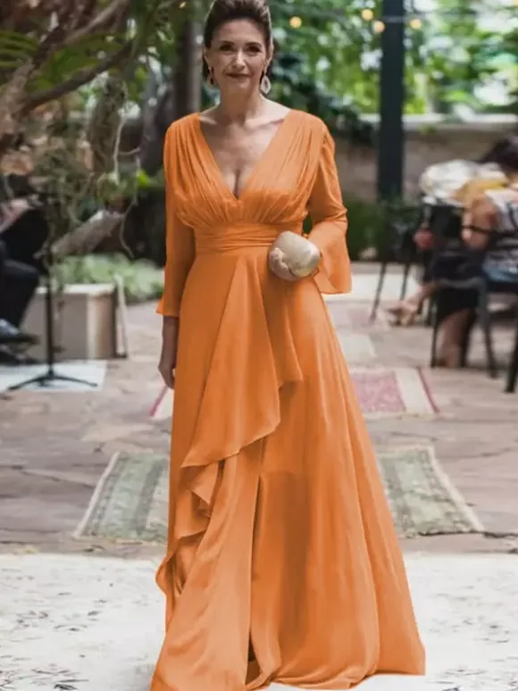 Party Dress For Mother Of The Bride V-Neck Long Sleeves A-Line Ruffles Floor-Length Wedding Guest Dresses