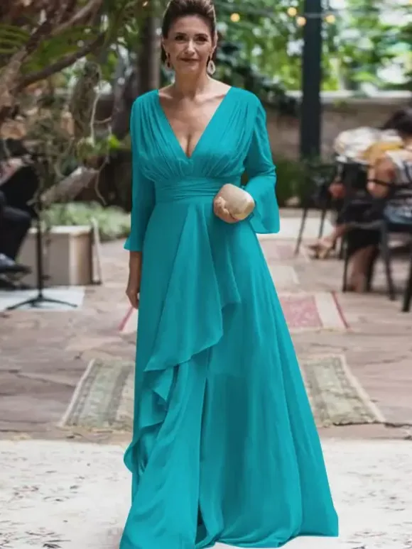 Party Dress For Mother Of The Bride V-Neck Long Sleeves A-Line Ruffles Floor-Length Wedding Guest Dresses