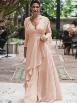 Party Dress For Mother Of The Bride V-Neck Long Sleeves A-Line Ruffles Floor-Length Wedding Guest Dresses