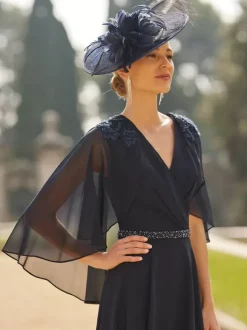 Party Dress For Mother Of The Bride V-Neck Half Sleeves A-Line Sash Tea-Length Guest Dresses For Wedding