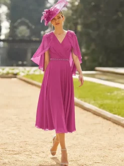 Party Dress For Mother Of The Bride V-Neck Half Sleeves A-Line Sash Tea-Length Guest Dresses For Wedding