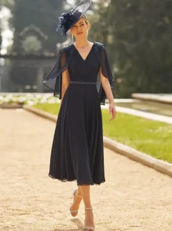 Party Dress For Mother Of The Bride V-Neck Half Sleeves A-Line Sash Tea-Length Guest Dresses For Wedding