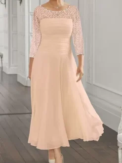 Party Dress For Mother Of The Bride Jewel Neck Long Sleeves A-Line Lace Guest Dresses For Wedding