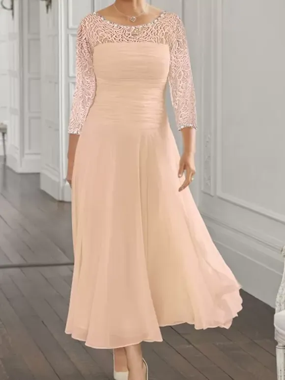 Party Dress For Mother Of The Bride Jewel Neck Long Sleeves A-Line Lace Guest Dresses For Wedding