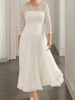Party Dress For Mother Of The Bride Jewel Neck Long Sleeves A-Line Lace Guest Dresses For Wedding