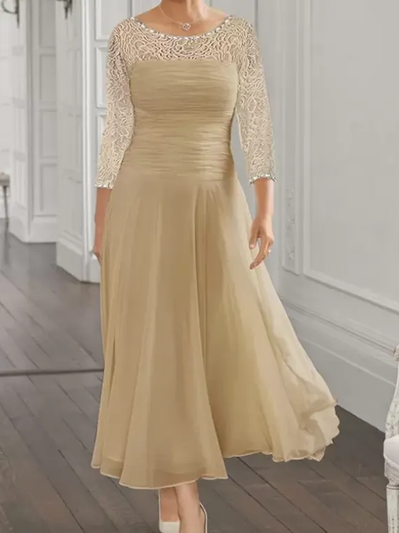 Party Dress For Mother Of The Bride Jewel Neck Long Sleeves A-Line Lace Guest Dresses For Wedding