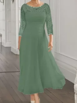 Party Dress For Mother Of The Bride Jewel Neck Long Sleeves A-Line Lace Guest Dresses For Wedding