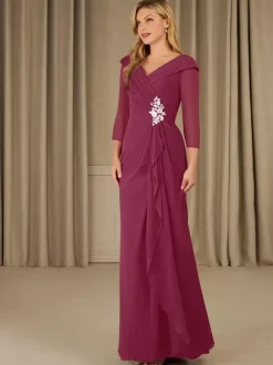 Party Dress For Mother Of The Bride V-Neck 3/4 Length Sleeves A-Line Applique Floor-Length Guest Dresses For Wedding
