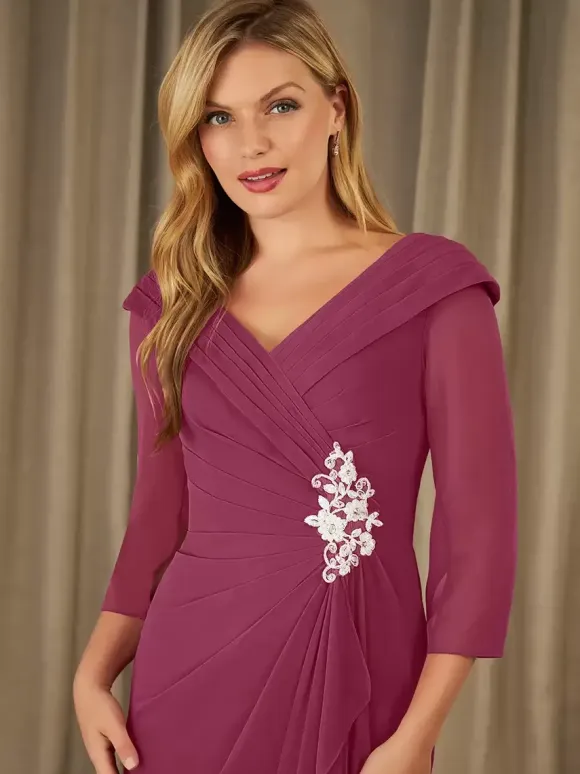 Party Dress For Mother Of The Bride V-Neck 3/4 Length Sleeves A-Line Applique Floor-Length Guest Dresses For Wedding