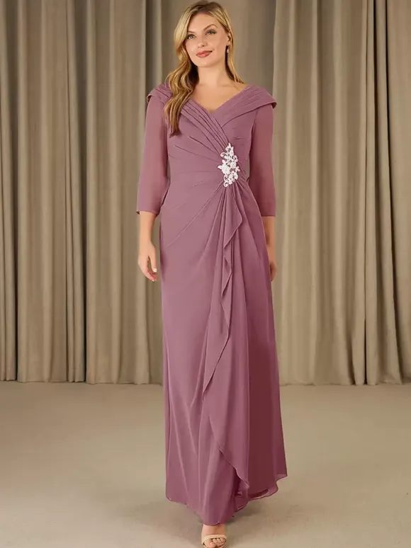 Party Dress For Mother Of The Bride V-Neck 3/4 Length Sleeves A-Line Applique Floor-Length Guest Dresses For Wedding