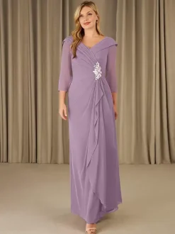 Party Dress For Mother Of The Bride V-Neck 3/4 Length Sleeves A-Line Applique Floor-Length Guest Dresses For Wedding