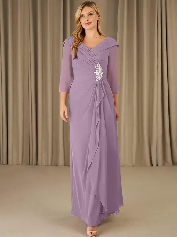 Party Dress For Mother Of The Bride V-Neck 3/4 Length Sleeves A-Line Applique Floor-Length Guest Dresses For Wedding