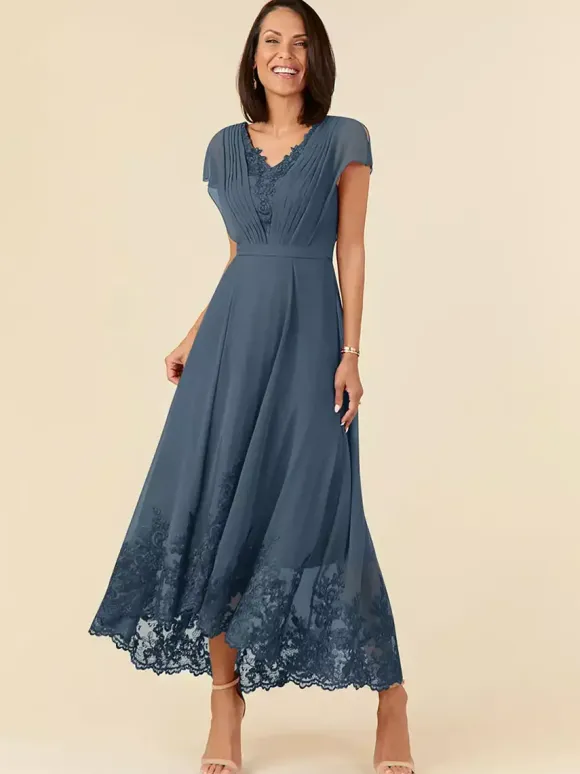 Party Dress For Mother Of The Bride V-Neck Sleeveless A-Line Pleated Ankle-Length Wedding Guest Dresses