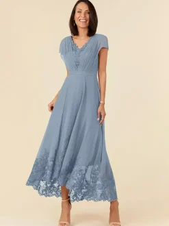 Party Dress For Mother Of The Bride V-Neck Sleeveless A-Line Pleated Ankle-Length Wedding Guest Dresses