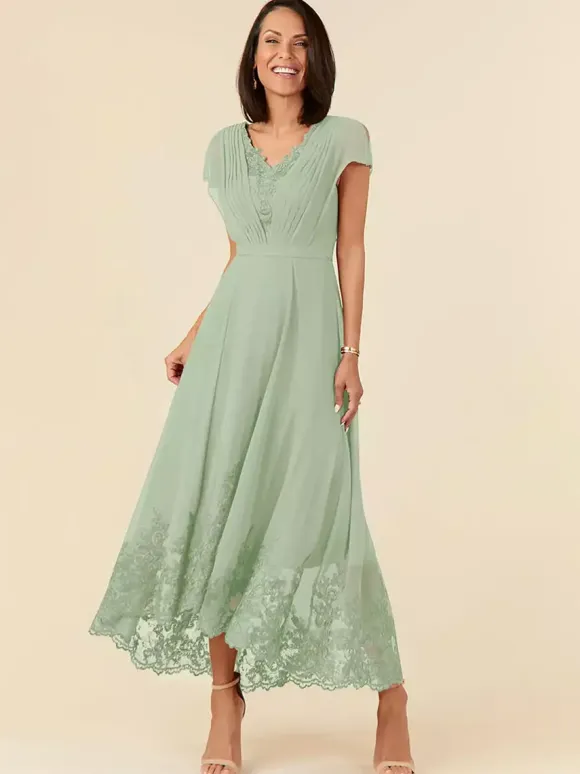 Party Dress For Mother Of The Bride V-Neck Sleeveless A-Line Pleated Ankle-Length Wedding Guest Dresses