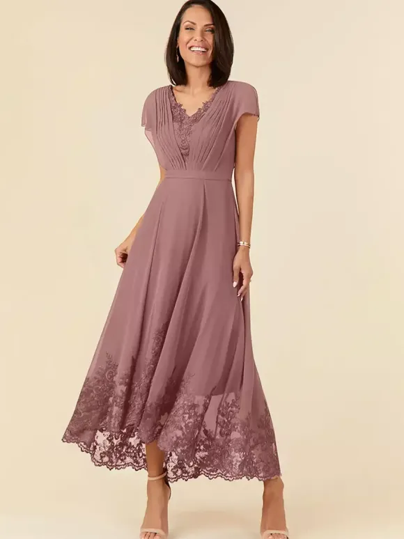 Party Dress For Mother Of The Bride V-Neck Sleeveless A-Line Pleated Ankle-Length Wedding Guest Dresses