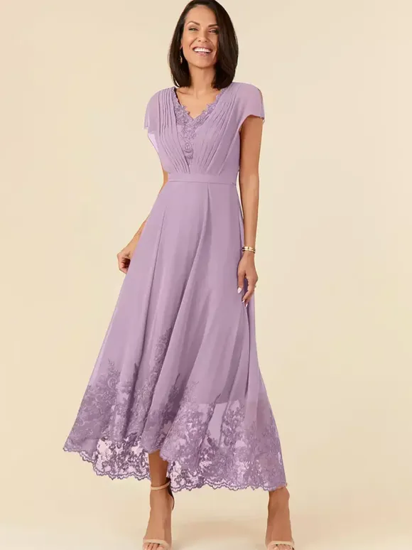 Party Dress For Mother Of The Bride V-Neck Sleeveless A-Line Pleated Ankle-Length Wedding Guest Dresses