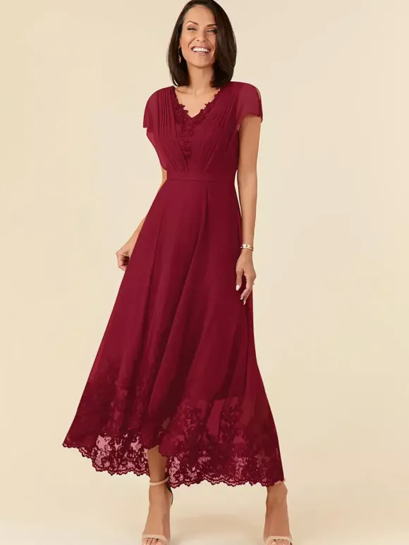 Party Dress For Mother Of The Bride V-Neck Sleeveless A-Line Pleated Ankle-Length Wedding Guest Dresses