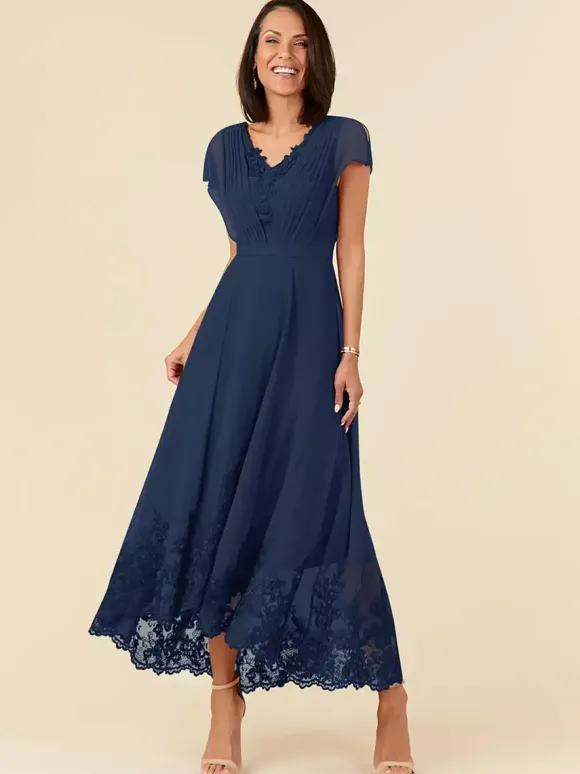 Party Dress For Mother Of The Bride V-Neck Sleeveless A-Line Pleated Ankle-Length Wedding Guest Dresses