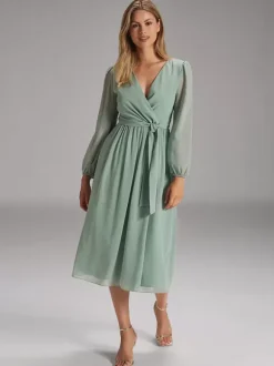 Party Dress For Mother Of The Bride V-Neck Long Sleeves A-Line Bows Guest Dresses For Wedding
