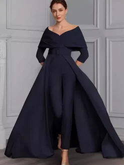 Party Dress For Mother Of The Bride Designed Neckline 3/4 Length Sleeves Jumpsuit Sash Floor-Length Wedding Guest Dresses
