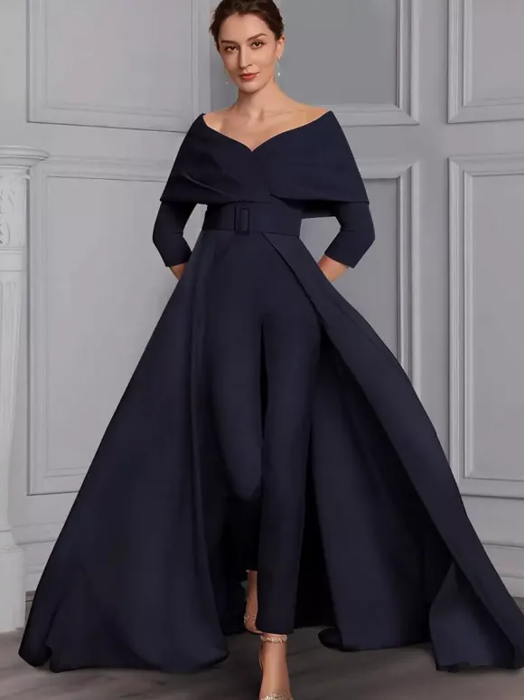 Party Dress For Mother Of The Bride Designed Neckline 3/4 Length Sleeves Jumpsuit Sash Floor-Length Wedding Guest Dresses