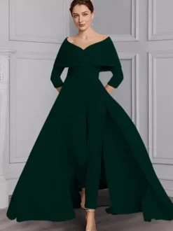 Party Dress For Mother Of The Bride Designed Neckline 3/4 Length Sleeves Jumpsuit Sash Floor-Length Wedding Guest Dresses
