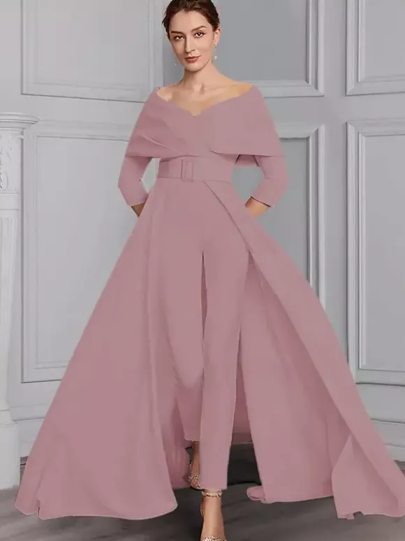 Party Dress For Mother Of The Bride Designed Neckline 3/4 Length Sleeves Jumpsuit Sash Floor-Length Wedding Guest Dresses