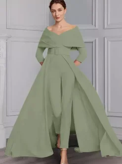 Party Dress For Mother Of The Bride Designed Neckline 3/4 Length Sleeves Jumpsuit Sash Floor-Length Wedding Guest Dresses