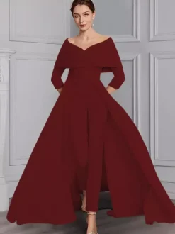 Party Dress For Mother Of The Bride Designed Neckline 3/4 Length Sleeves Jumpsuit Sash Floor-Length Wedding Guest Dresses