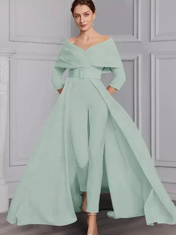 Party Dress For Mother Of The Bride Designed Neckline 3/4 Length Sleeves Jumpsuit Sash Floor-Length Wedding Guest Dresses