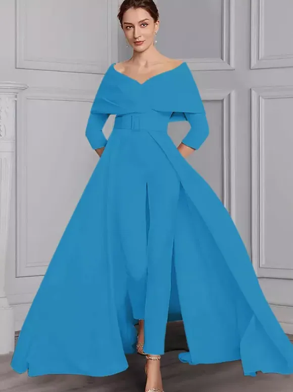 Party Dress For Mother Of The Bride Designed Neckline 3/4 Length Sleeves Jumpsuit Sash Floor-Length Wedding Guest Dresses