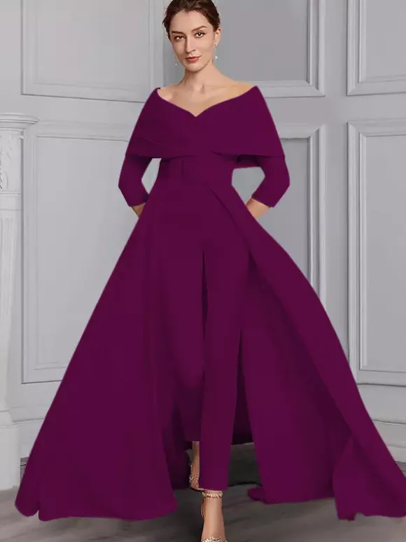 Party Dress For Mother Of The Bride Designed Neckline 3/4 Length Sleeves Jumpsuit Sash Floor-Length Wedding Guest Dresses