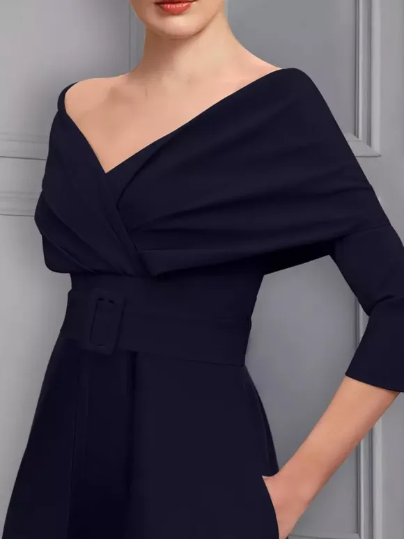 Party Dress For Mother Of The Bride Designed Neckline 3/4 Length Sleeves Jumpsuit Sash Floor-Length Wedding Guest Dresses