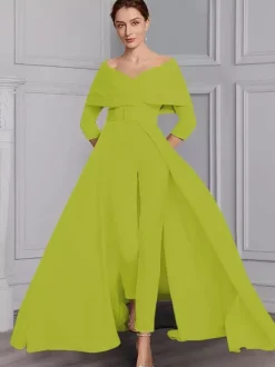 Party Dress For Mother Of The Bride Designed Neckline 3/4 Length Sleeves Jumpsuit Sash Floor-Length Wedding Guest Dresses
