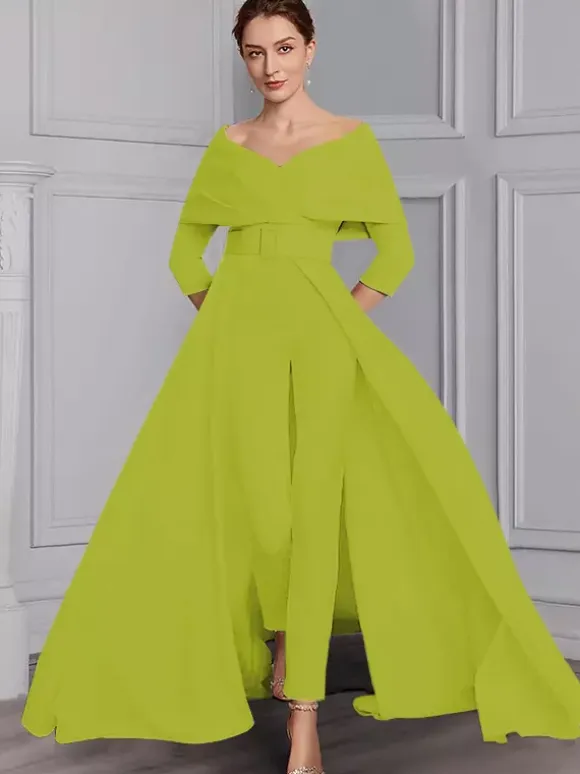 Party Dress For Mother Of The Bride Designed Neckline 3/4 Length Sleeves Jumpsuit Sash Floor-Length Wedding Guest Dresses