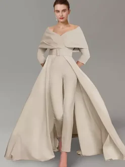 Party Dress For Mother Of The Bride Designed Neckline 3/4 Length Sleeves Jumpsuit Sash Floor-Length Wedding Guest Dresses