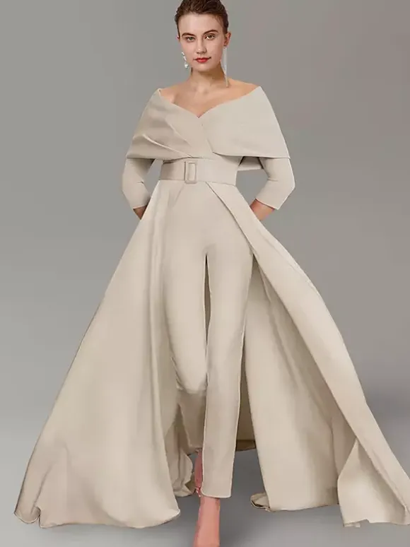 Party Dress For Mother Of The Bride Designed Neckline 3/4 Length Sleeves Jumpsuit Sash Floor-Length Wedding Guest Dresses