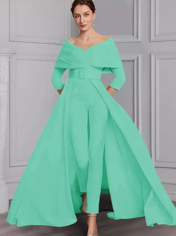 Party Dress For Mother Of The Bride Designed Neckline 3/4 Length Sleeves Jumpsuit Sash Floor-Length Wedding Guest Dresses