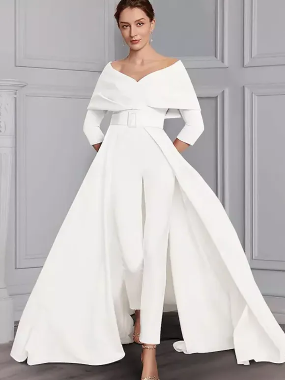 Party Dress For Mother Of The Bride Designed Neckline 3/4 Length Sleeves Jumpsuit Sash Floor-Length Wedding Guest Dresses