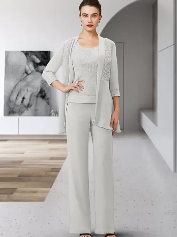 Party Dress For Mother Of The Bride Jewel Neck 3/4 Length Sleeves Sheath Lace Floor-Length Guest Dresses For Wedding