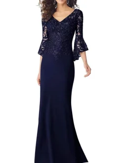 Party Dress For Mother Of The Bride V Neck 3/4 Length Sleeves Applique Mermaid Wedding Guest Dresses Free Customization