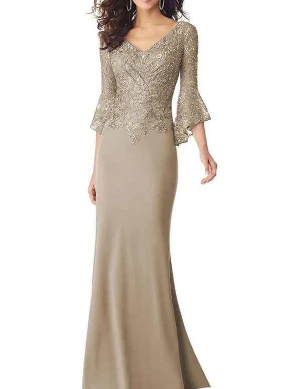Party Dress For Mother Of The Bride V Neck 3/4 Length Sleeves Applique Mermaid Wedding Guest Dresses Free Customization