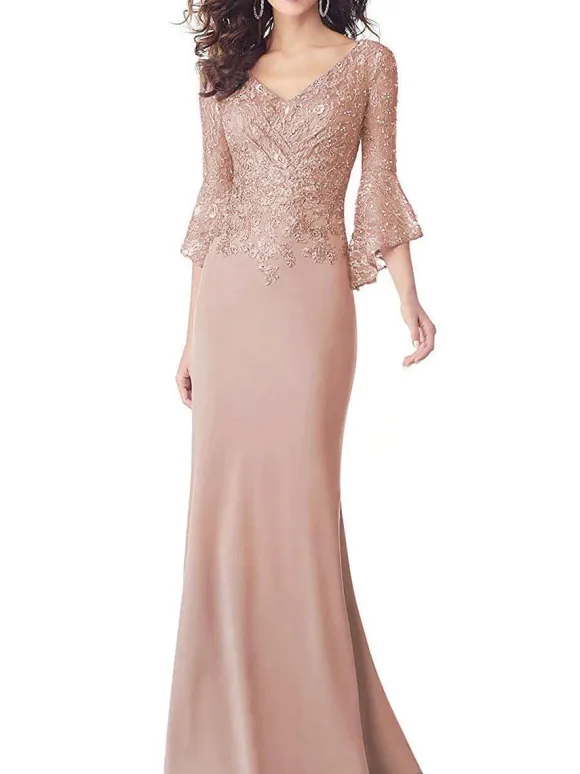Party Dress For Mother Of The Bride V Neck 3/4 Length Sleeves Applique Mermaid Wedding Guest Dresses Free Customization