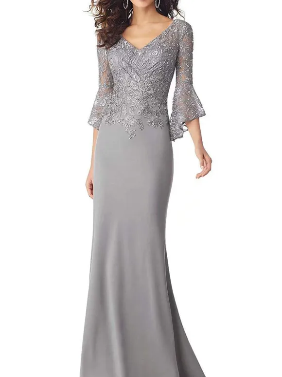 Party Dress For Mother Of The Bride V Neck 3/4 Length Sleeves Applique Mermaid Wedding Guest Dresses Free Customization