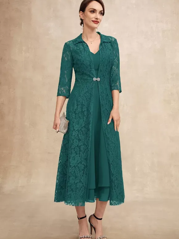 Party Dress For Mother Of The Bride V-Neck Half Sleeves A-Line Lace Tea-Length Guest Dresses For Wedding