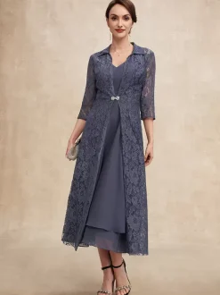 Party Dress For Mother Of The Bride V-Neck Half Sleeves A-Line Lace Tea-Length Guest Dresses For Wedding