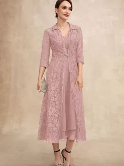 Party Dress For Mother Of The Bride V-Neck Half Sleeves A-Line Lace Tea-Length Guest Dresses For Wedding
