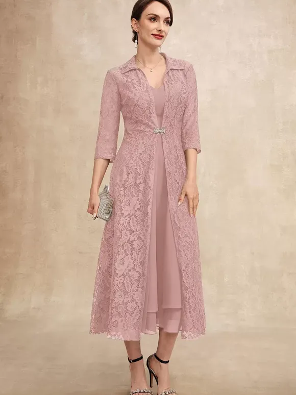 Party Dress For Mother Of The Bride V-Neck Half Sleeves A-Line Lace Tea-Length Guest Dresses For Wedding