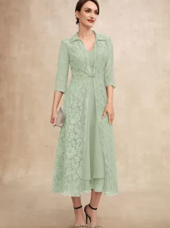 Party Dress For Mother Of The Bride V-Neck Half Sleeves A-Line Lace Tea-Length Guest Dresses For Wedding